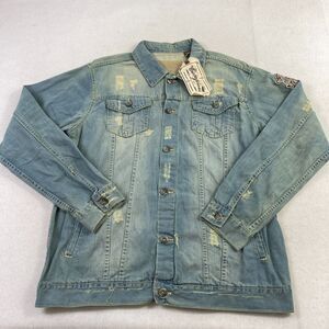 Vintage Escapism Denim‎ Jacket Mens 2XL Blue Denim Distressed Grunge Hip Hop Y2K